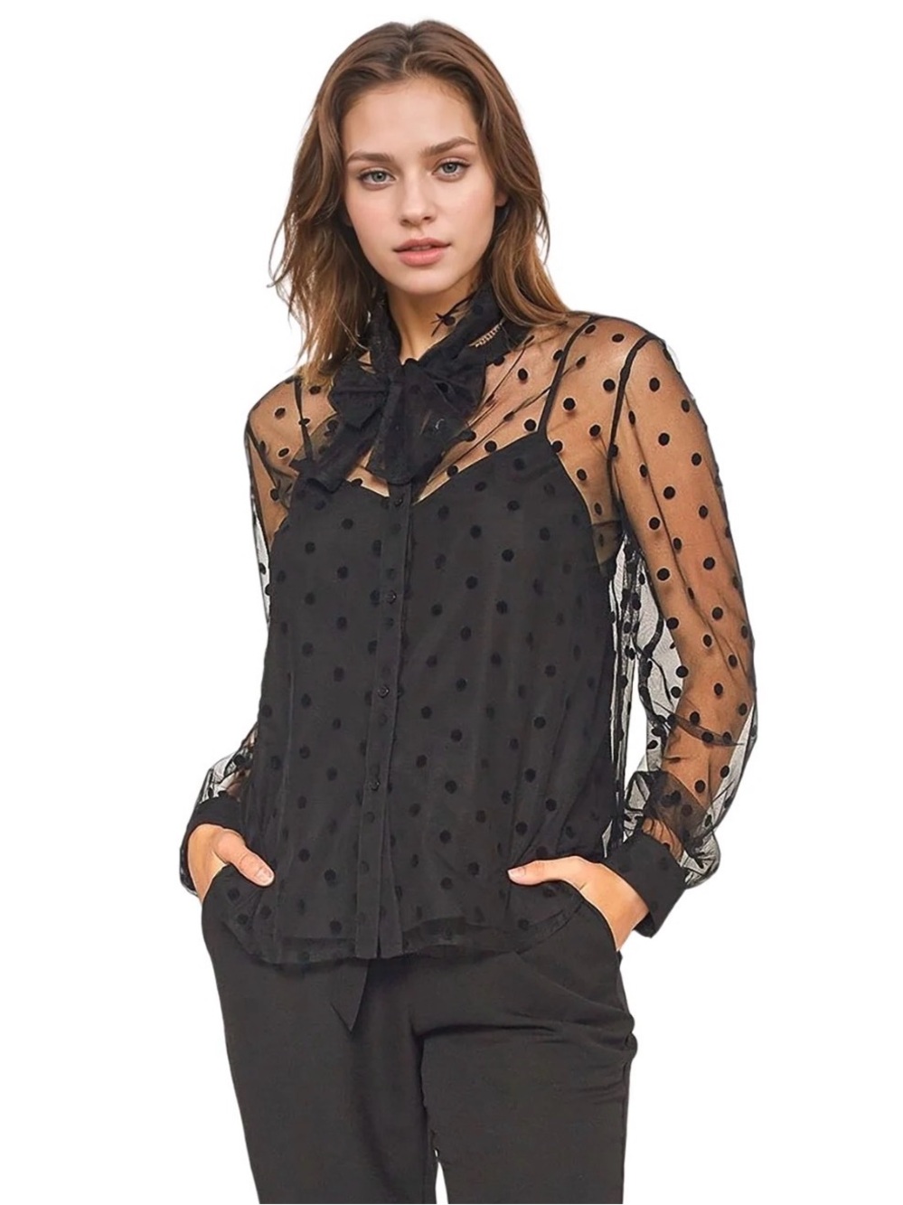 J.Crew Black Sheer Polka Dot Bow Tie Blouse Size 16